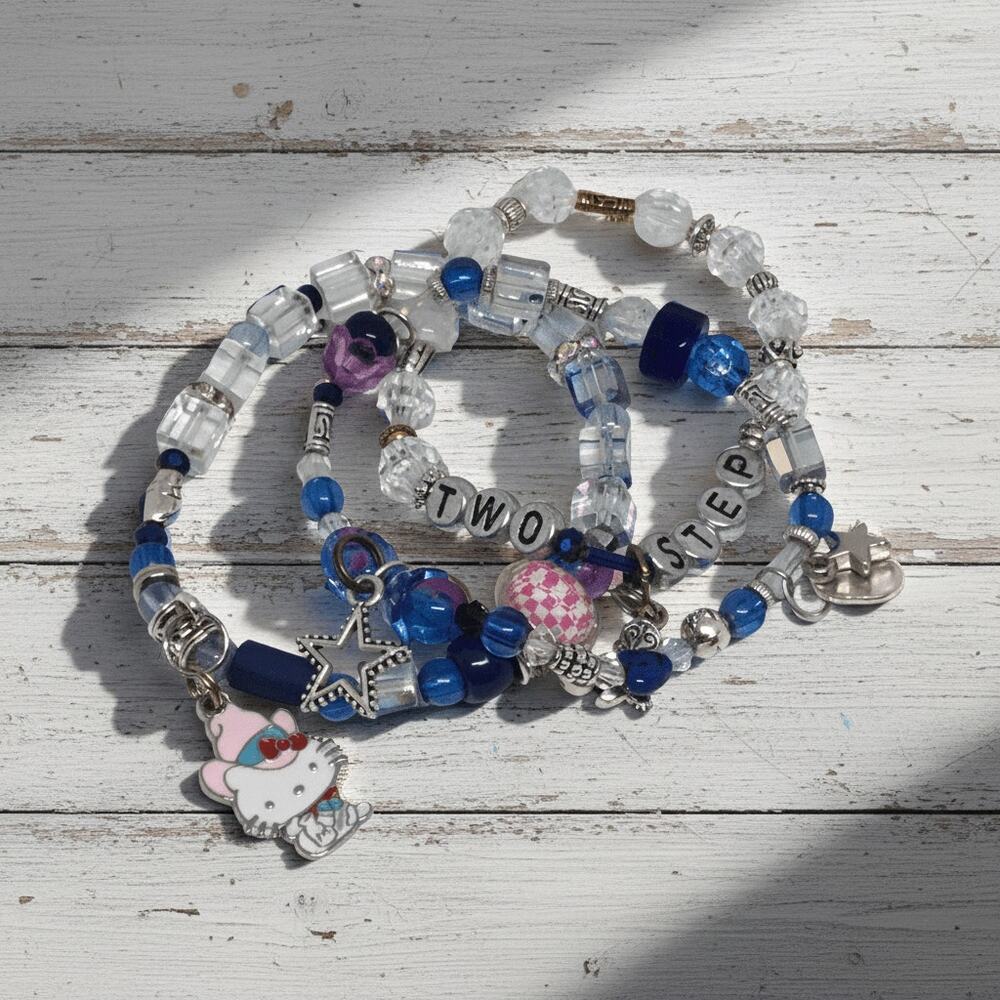 Kitty 2 Steps Western Kawaii Bracelet Set Blue Cowgirl Charm Stack 3pc